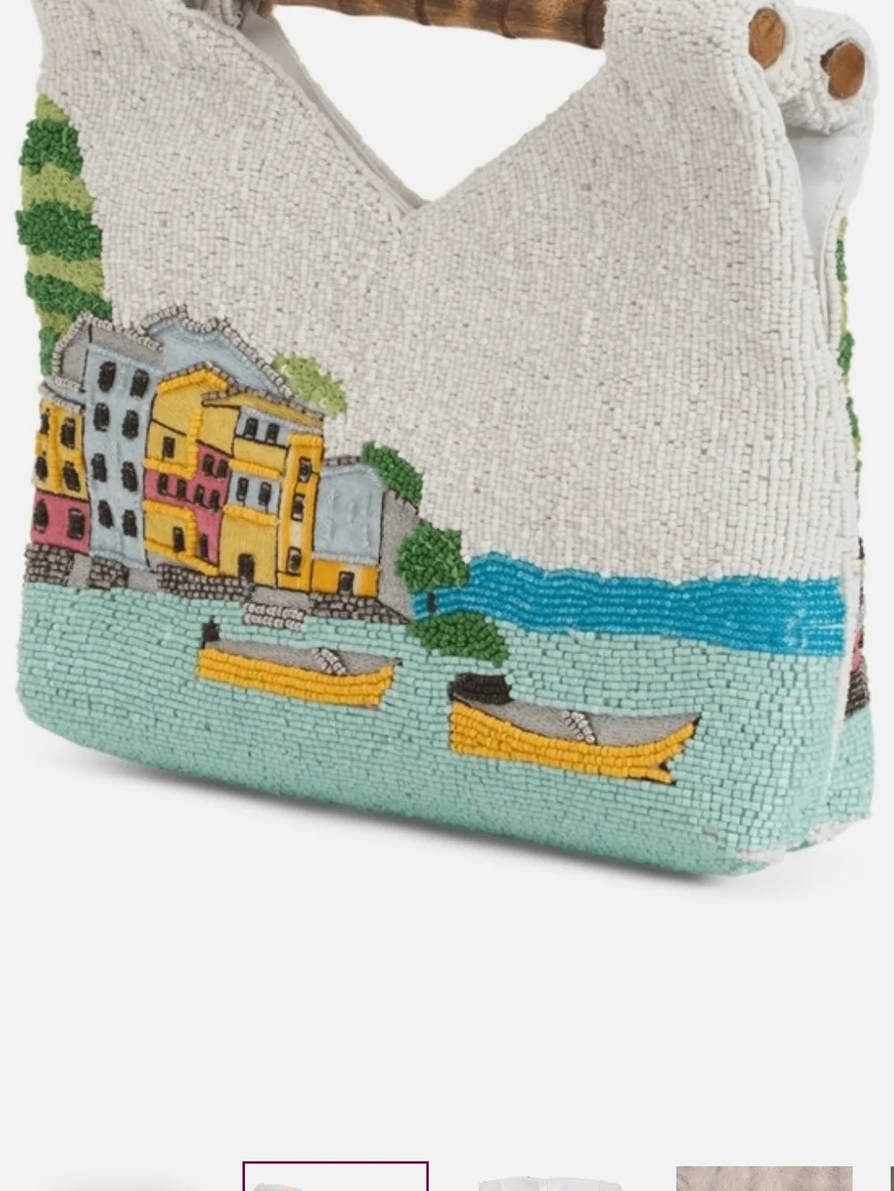 NWT Portofino Embroidered Beaded Clutch with Bamboo Handle - Cream & Multicolor